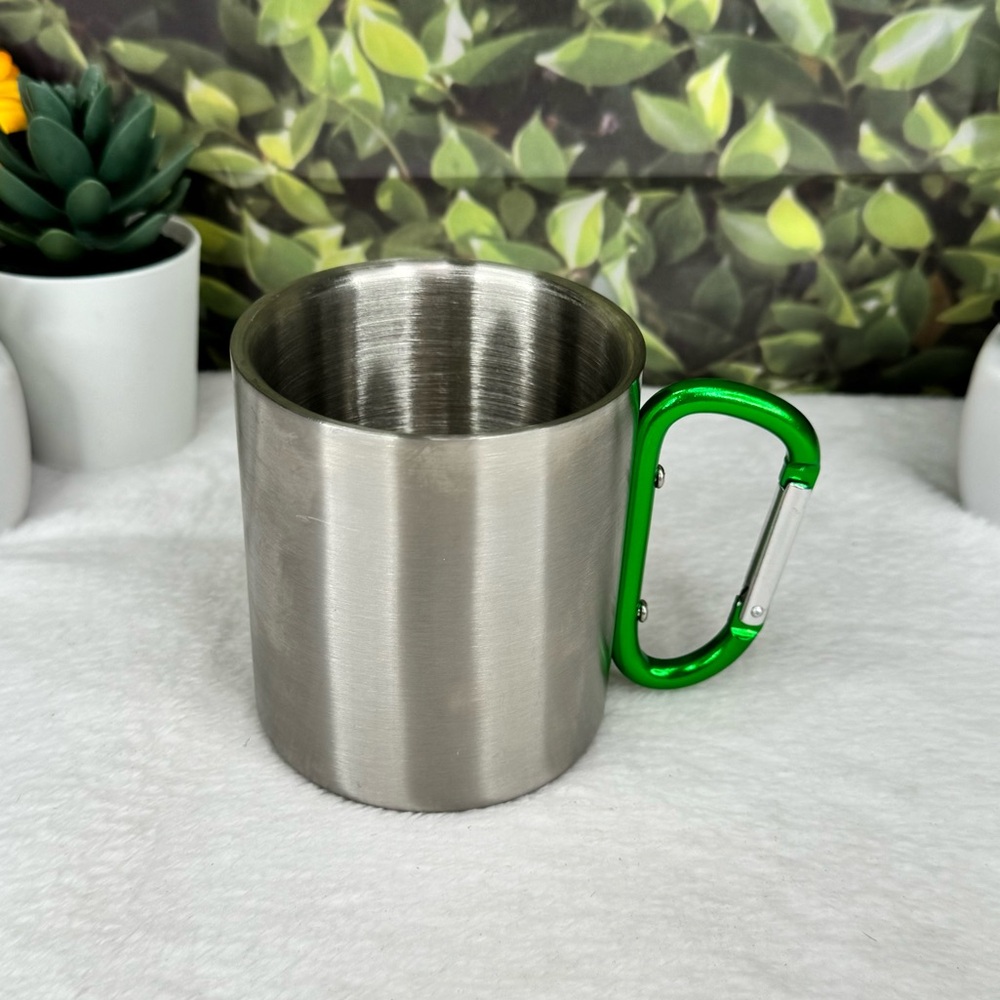 {Life Gear} 10oz Stainless Steel Carabiner Camping Mug – Green Handle